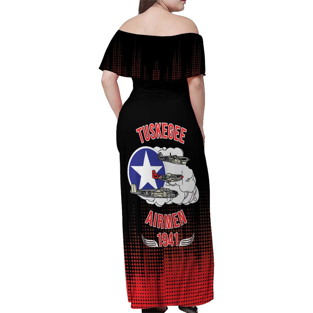 Tuskegee Airmen Red Tails Family Matching Off Shoulder Maxi Dress and Hawaiian Shirt 332nd Fighter Group WWII Tribute Black Style - Wonder Print Shop