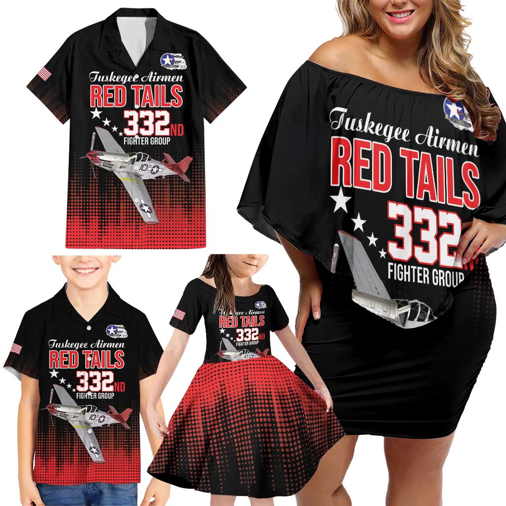 Tuskegee Airmen Red Tails Family Matching Off Shoulder Short Dress and Hawaiian Shirt 332nd Fighter Group WWII Tribute Black Style - Wonder Print Shop
