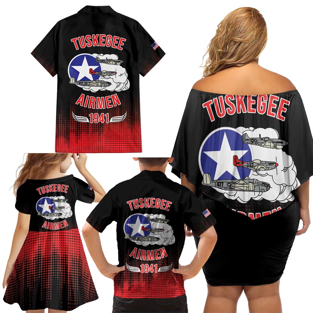 Tuskegee Airmen Red Tails Family Matching Off Shoulder Short Dress and Hawaiian Shirt 332nd Fighter Group WWII Tribute Black Style - Wonder Print Shop