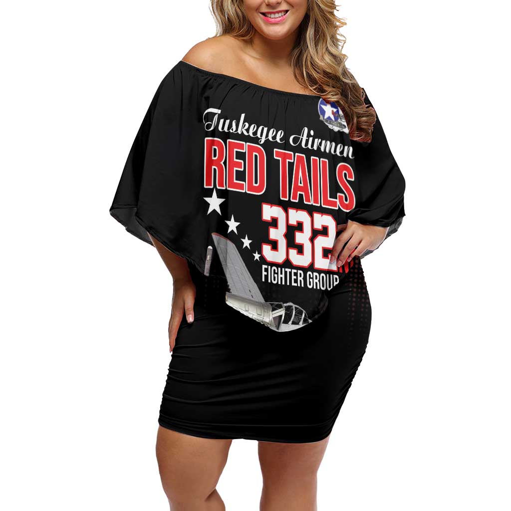 Tuskegee Airmen Red Tails Family Matching Off Shoulder Short Dress and Hawaiian Shirt 332nd Fighter Group WWII Tribute Black Style - Wonder Print Shop