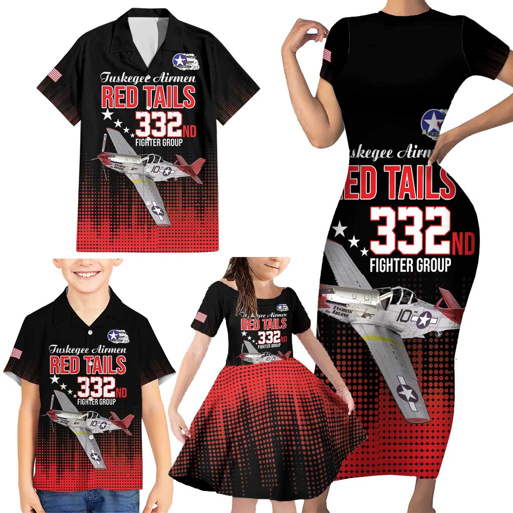 Tuskegee Airmen Red Tails Family Matching Short Sleeve Bodycon Dress and Hawaiian Shirt 332nd Fighter Group WWII Tribute Black Style - Wonder Print Shop
