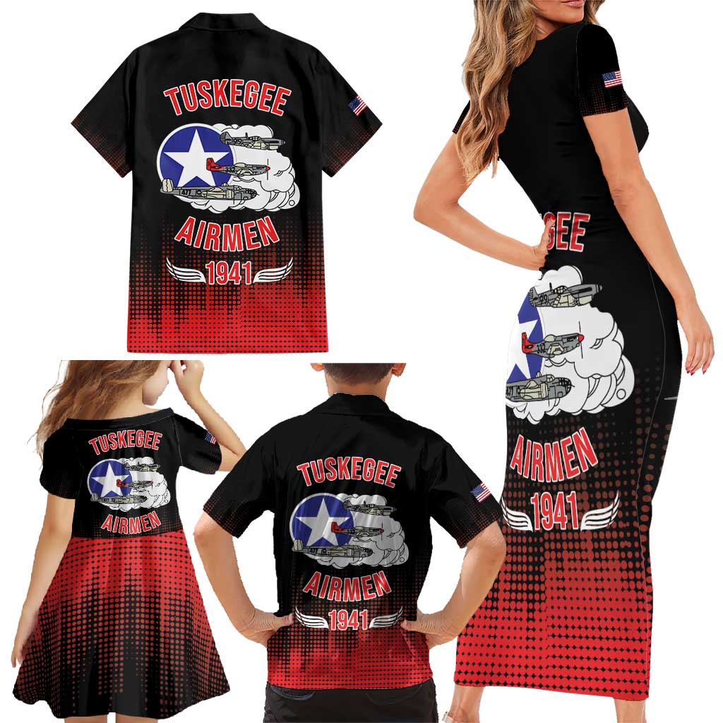 Tuskegee Airmen Red Tails Family Matching Short Sleeve Bodycon Dress and Hawaiian Shirt 332nd Fighter Group WWII Tribute Black Style - Wonder Print Shop