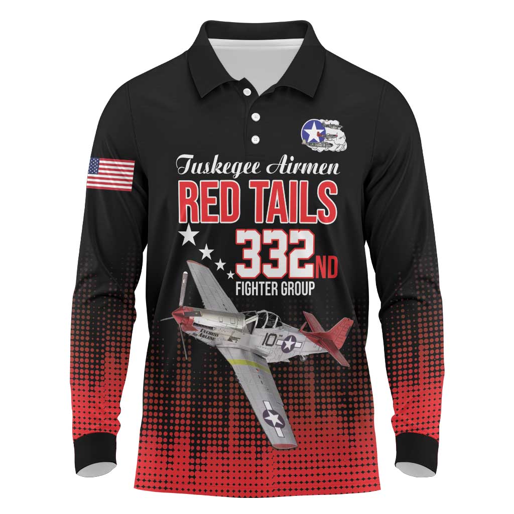 Tuskegee Airmen Red Tails Long Sleeve Polo Shirt 332nd Fighter Group WWII Tribute Black Style - Wonder Print Shop