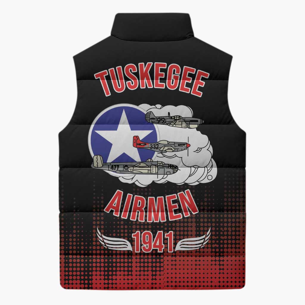 Tuskegee Airmen Red Tails Sleeveless Puffer Jacket 332nd Fighter Group WWII Tribute Black Style - Wonder Print Shop