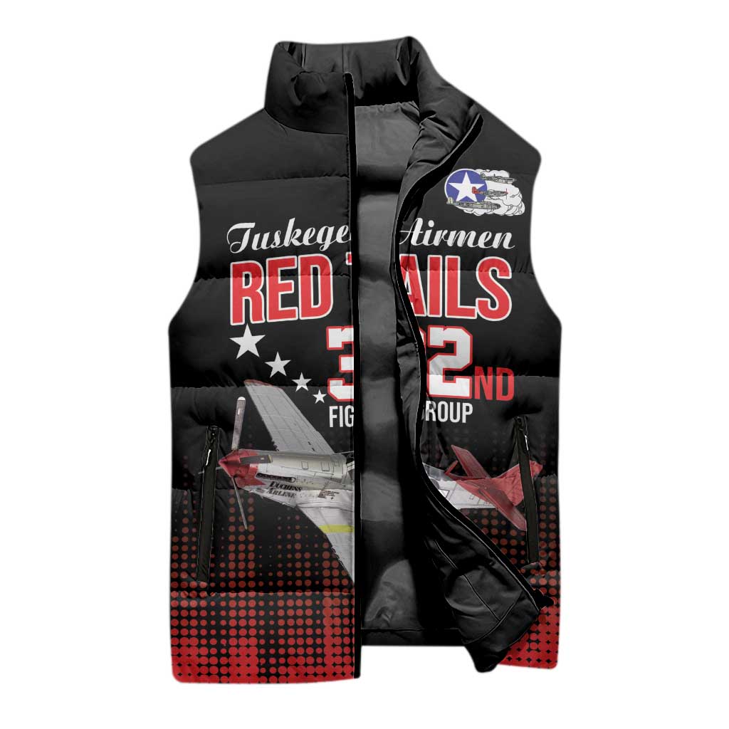 Tuskegee Airmen Red Tails Sleeveless Puffer Jacket 332nd Fighter Group WWII Tribute Black Style - Wonder Print Shop
