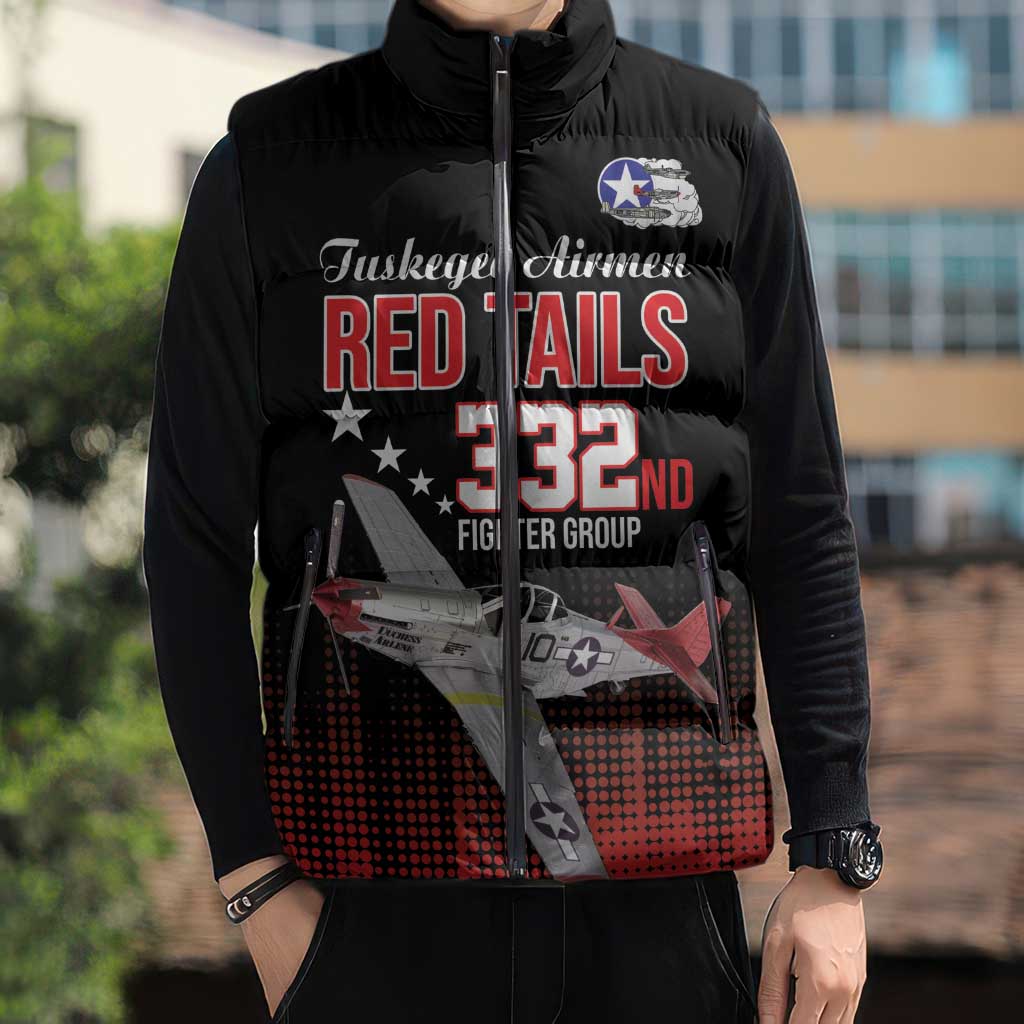 Tuskegee Airmen Red Tails Sleeveless Puffer Jacket 332nd Fighter Group WWII Tribute Black Style - Wonder Print Shop