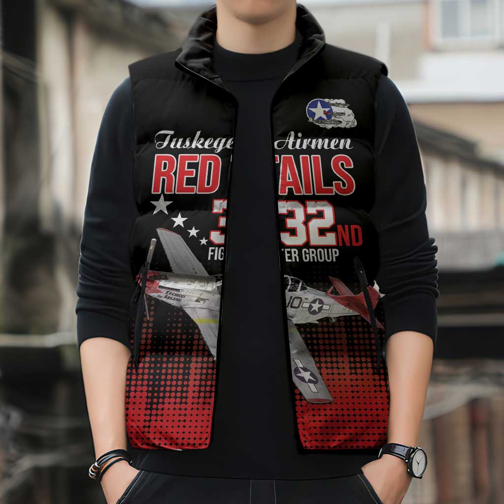Tuskegee Airmen Red Tails Sleeveless Puffer Jacket 332nd Fighter Group WWII Tribute Black Style - Wonder Print Shop