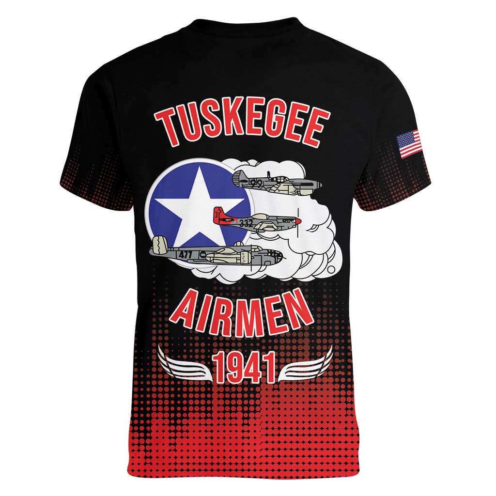 Tuskegee Airmen Red Tails Women V-Neck T-Shirt 332nd Fighter Group WWII Tribute Black Style - Wonder Print Shop