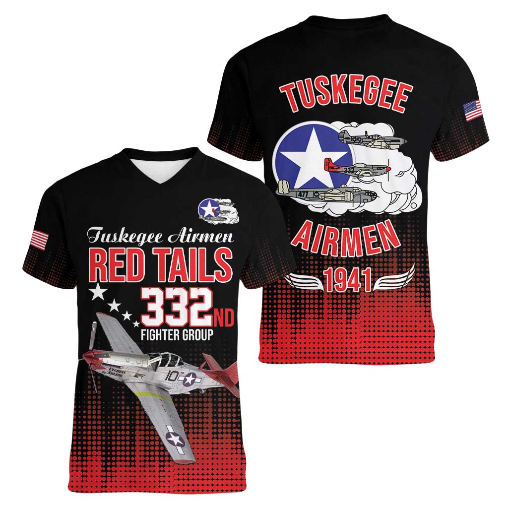 Tuskegee Airmen Red Tails Women V-Neck T-Shirt 332nd Fighter Group WWII Tribute Black Style - Wonder Print Shop