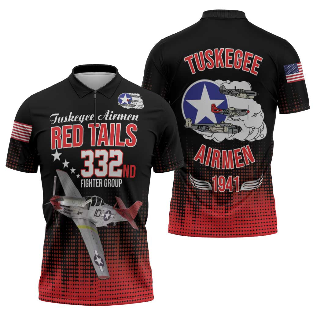 Tuskegee Airmen Red Tails Zipper Polo Shirt 332nd Fighter Group WWII Tribute Black Style - Wonder Print Shop
