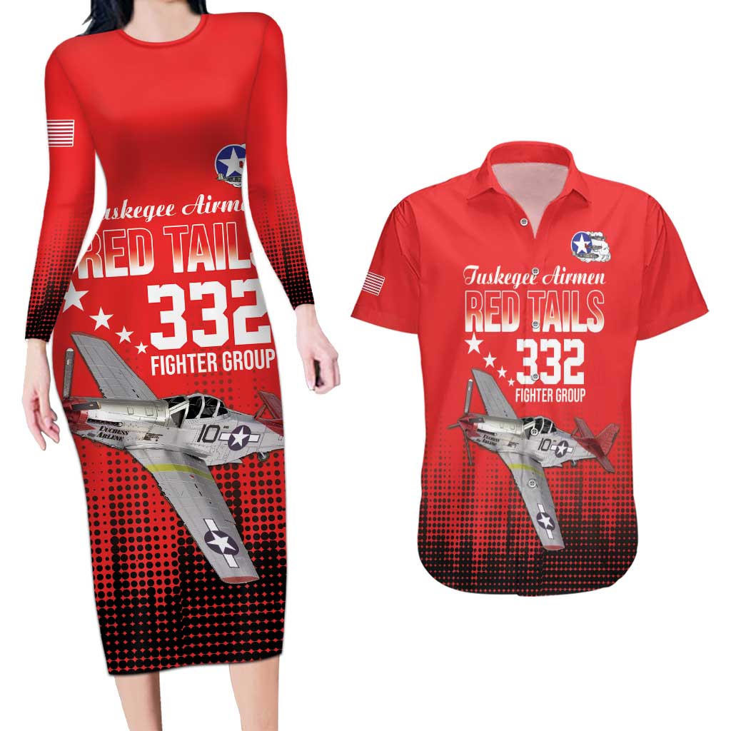 Tuskegee Airmen Red Tails Couples Matching Long Sleeve Bodycon Dress and Hawaiian Shirt 332nd Fighter Group WWII Tribute Red Style - Wonder Print Shop