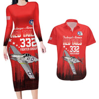 Tuskegee Airmen Red Tails Couples Matching Long Sleeve Bodycon Dress and Hawaiian Shirt 332nd Fighter Group WWII Tribute Red Style - Wonder Print Shop