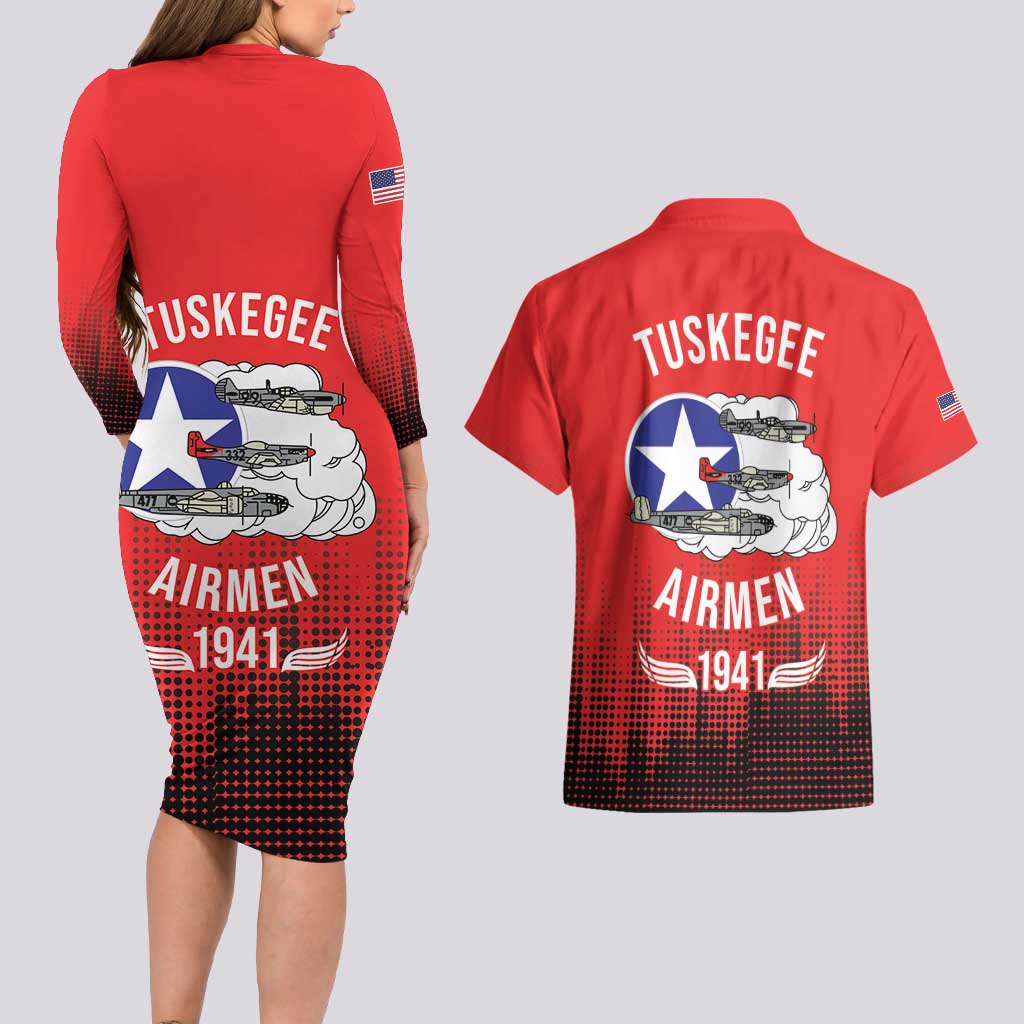 Tuskegee Airmen Red Tails Couples Matching Long Sleeve Bodycon Dress and Hawaiian Shirt 332nd Fighter Group WWII Tribute Red Style - Wonder Print Shop