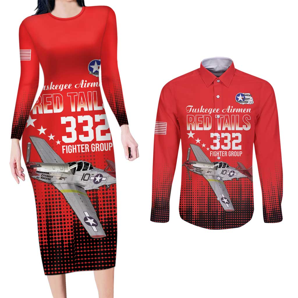 Tuskegee Airmen Red Tails Couples Matching Long Sleeve Bodycon Dress and Long Sleeve Button Shirt 332nd Fighter Group WWII Tribute Red Style - Wonder Print Shop