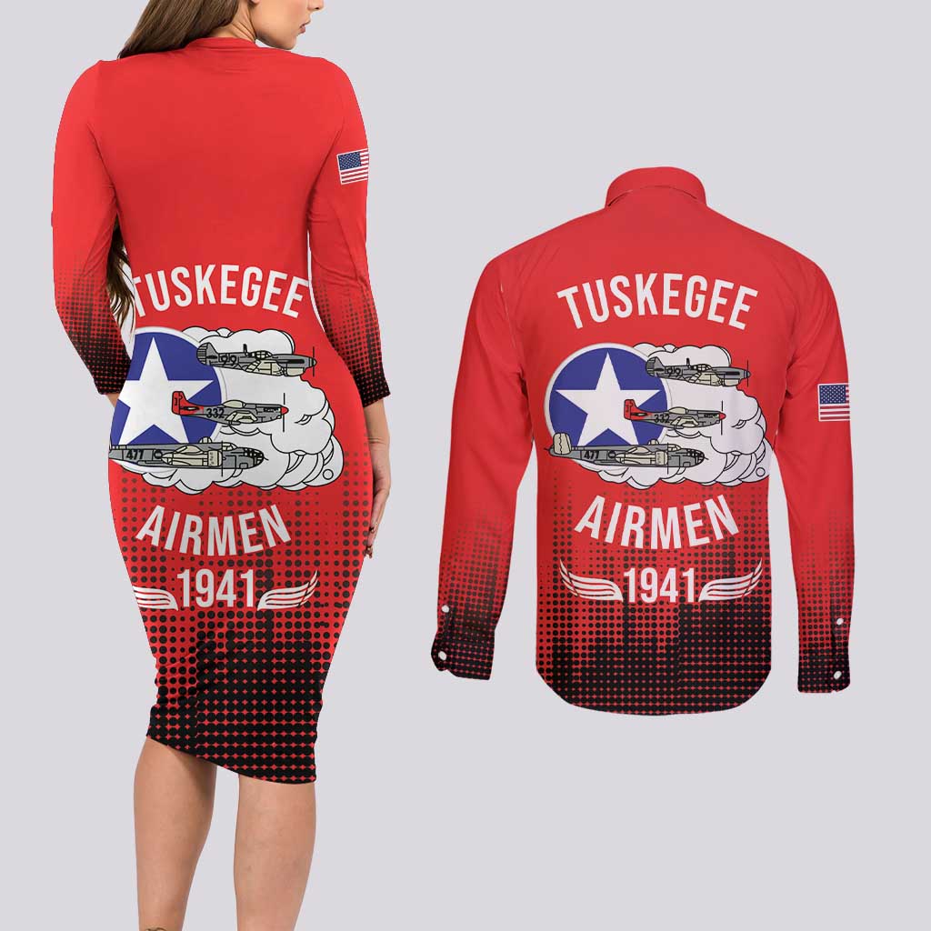 Tuskegee Airmen Red Tails Couples Matching Long Sleeve Bodycon Dress and Long Sleeve Button Shirt 332nd Fighter Group WWII Tribute Red Style - Wonder Print Shop