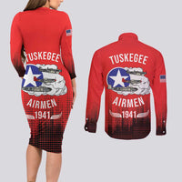 Tuskegee Airmen Red Tails Couples Matching Long Sleeve Bodycon Dress and Long Sleeve Button Shirt 332nd Fighter Group WWII Tribute Red Style - Wonder Print Shop
