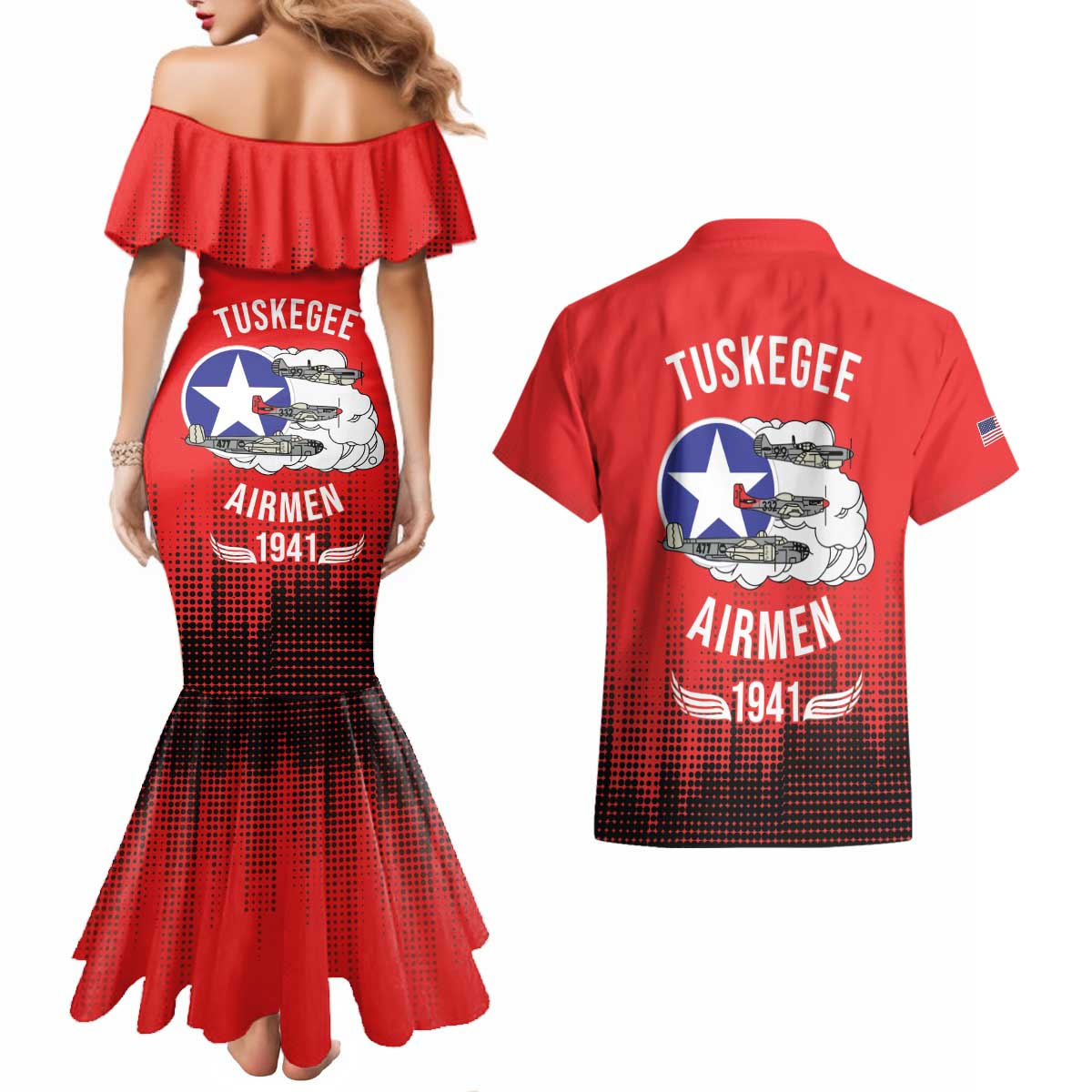 Tuskegee Airmen Red Tails Couples Matching Mermaid Dress and Hawaiian Shirt 332nd Fighter Group WWII Tribute Red Style - Wonder Print Shop