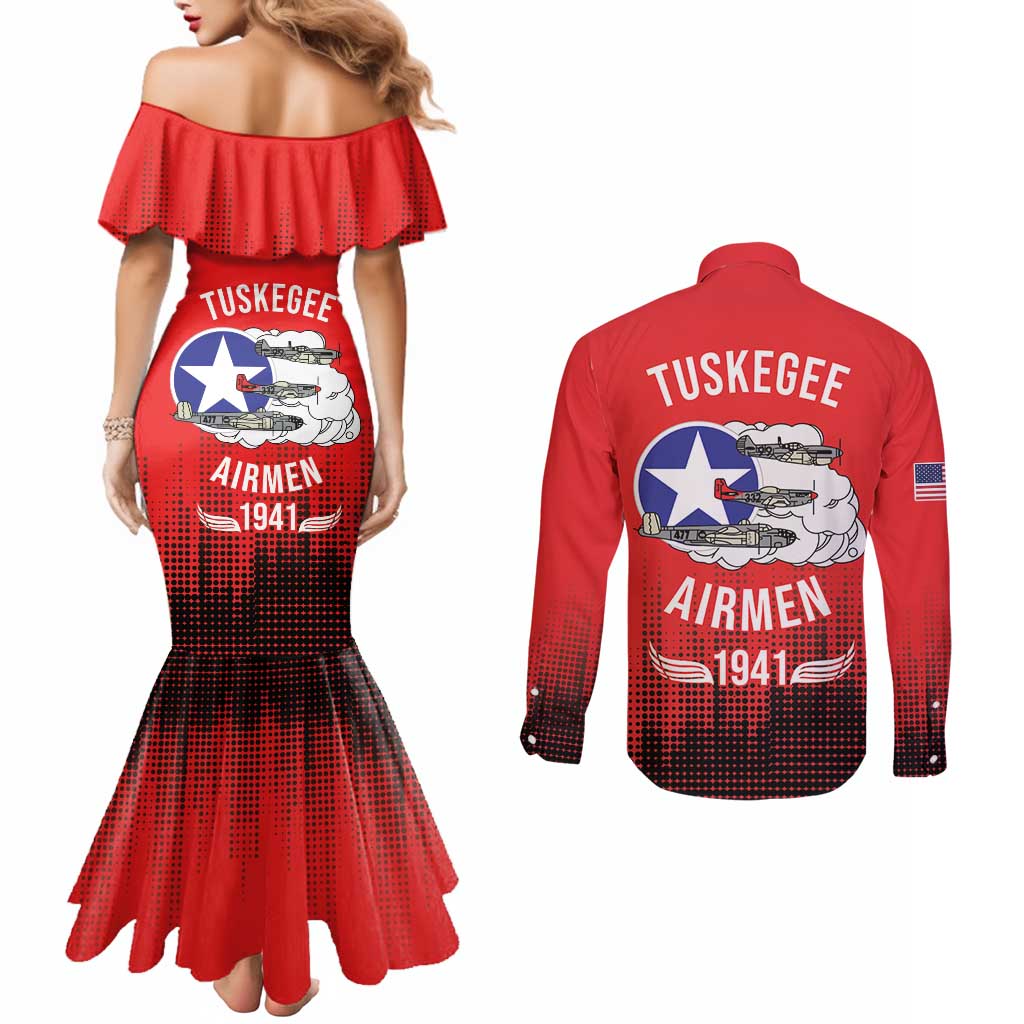 Tuskegee Airmen Red Tails Couples Matching Mermaid Dress and Long Sleeve Button Shirt 332nd Fighter Group WWII Tribute Red Style - Wonder Print Shop