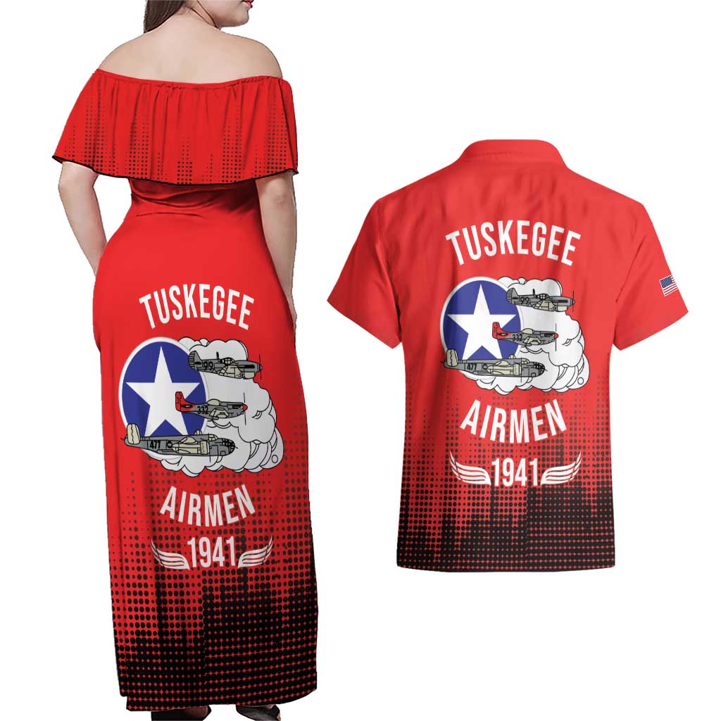 Tuskegee Airmen Red Tails Couples Matching Off Shoulder Maxi Dress and Hawaiian Shirt 332nd Fighter Group WWII Tribute Red Style - Wonder Print Shop