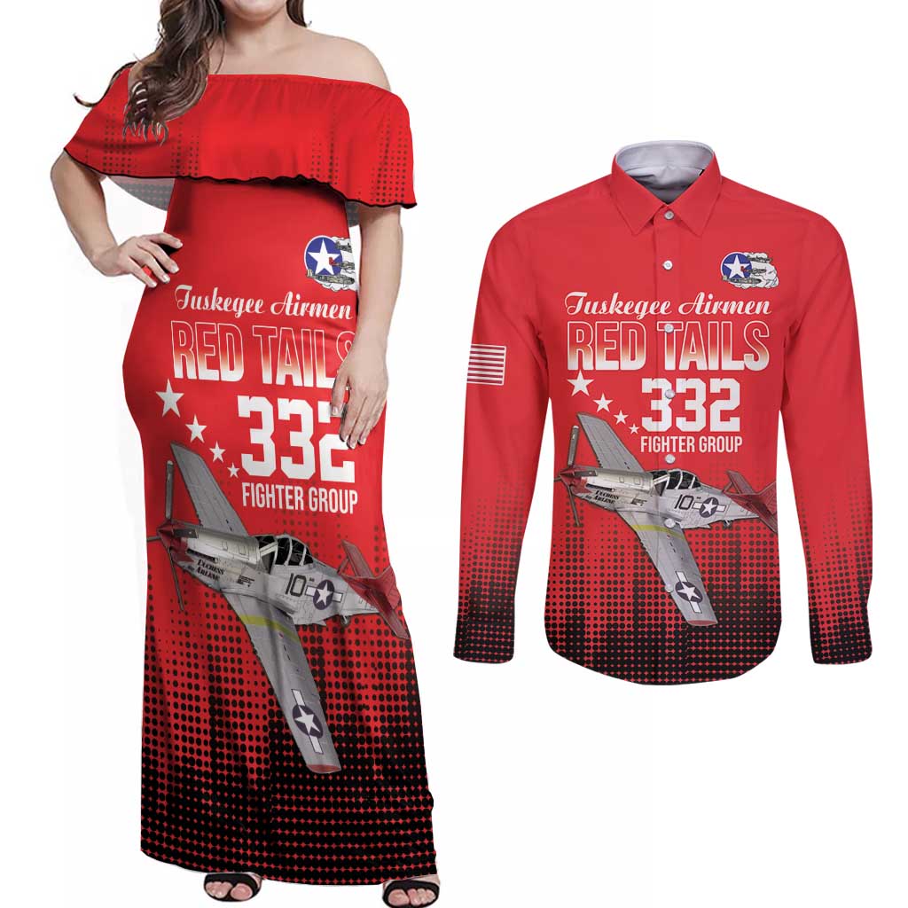 Tuskegee Airmen Red Tails Couples Matching Off Shoulder Maxi Dress and Long Sleeve Button Shirt 332nd Fighter Group WWII Tribute Red Style - Wonder Print Shop
