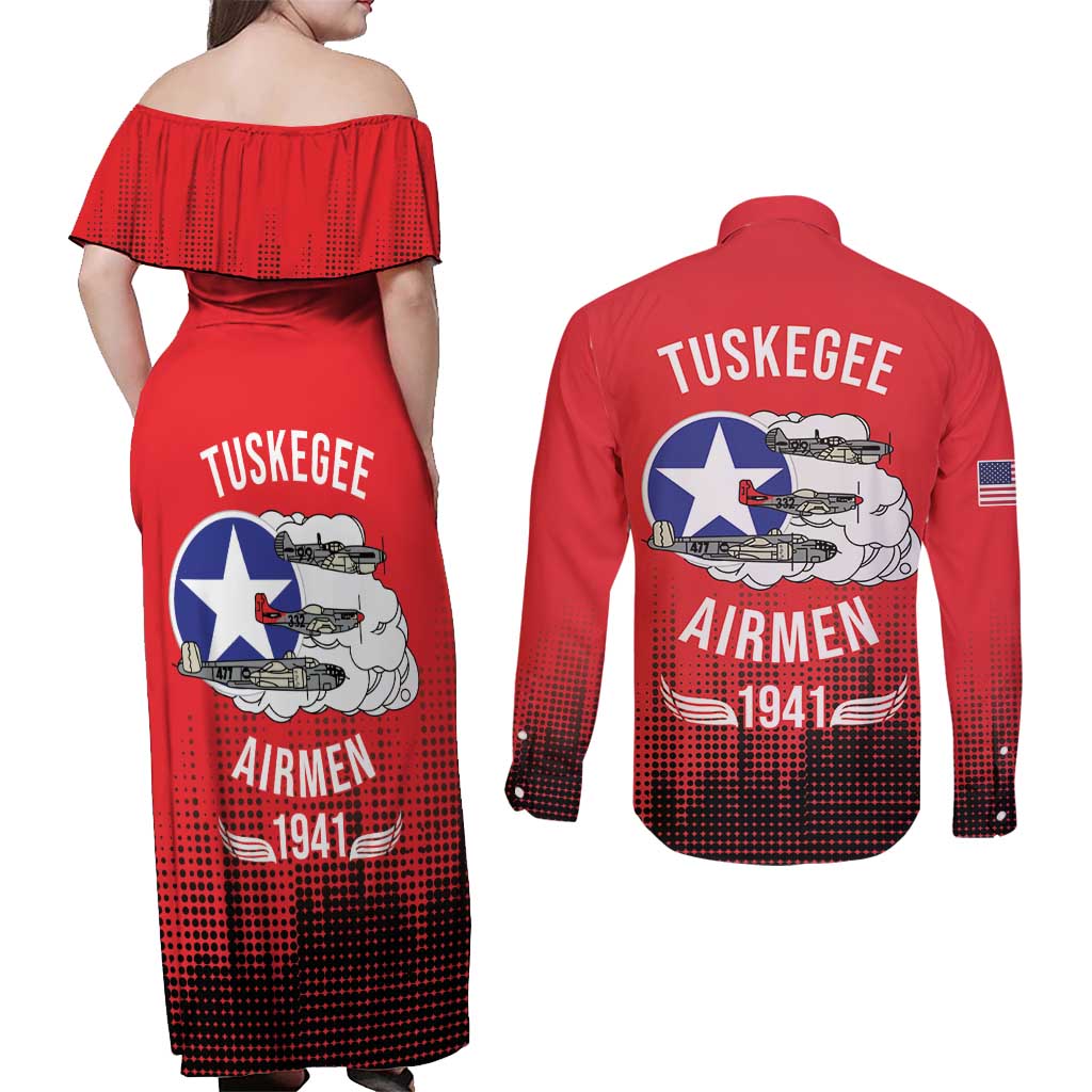 Tuskegee Airmen Red Tails Couples Matching Off Shoulder Maxi Dress and Long Sleeve Button Shirt 332nd Fighter Group WWII Tribute Red Style - Wonder Print Shop