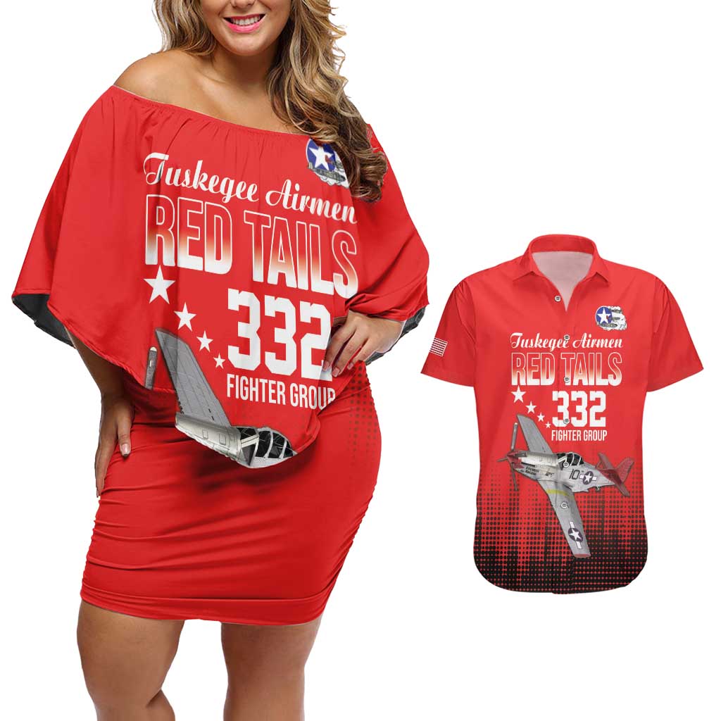 Tuskegee Airmen Red Tails Couples Matching Off Shoulder Short Dress and Hawaiian Shirt 332nd Fighter Group WWII Tribute Red Style - Wonder Print Shop