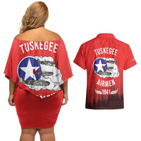 Tuskegee Airmen Red Tails Couples Matching Off Shoulder Short Dress and Hawaiian Shirt 332nd Fighter Group WWII Tribute Red Style - Wonder Print Shop