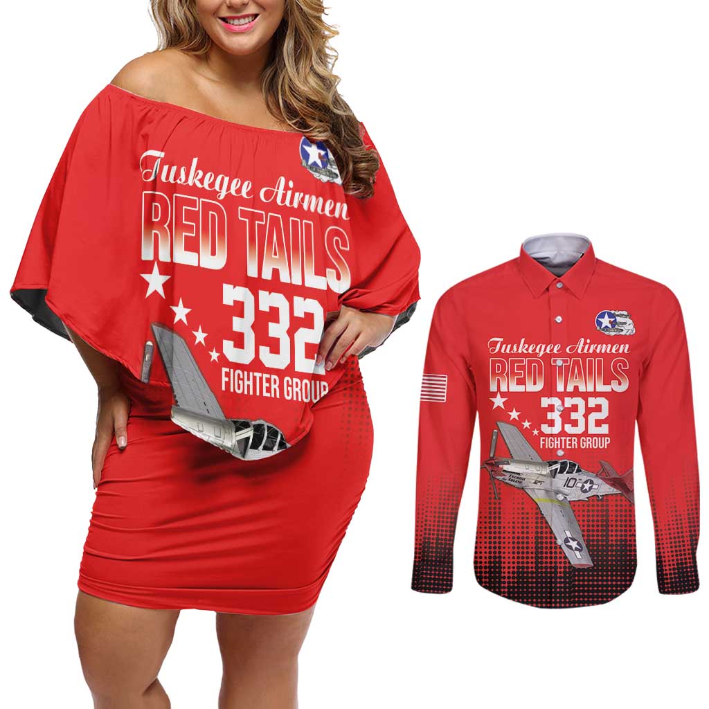 Tuskegee Airmen Red Tails Couples Matching Off Shoulder Short Dress and Long Sleeve Button Shirt 332nd Fighter Group WWII Tribute Red Style - Wonder Print Shop