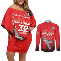 Tuskegee Airmen Red Tails Couples Matching Off Shoulder Short Dress and Long Sleeve Button Shirt 332nd Fighter Group WWII Tribute Red Style - Wonder Print Shop