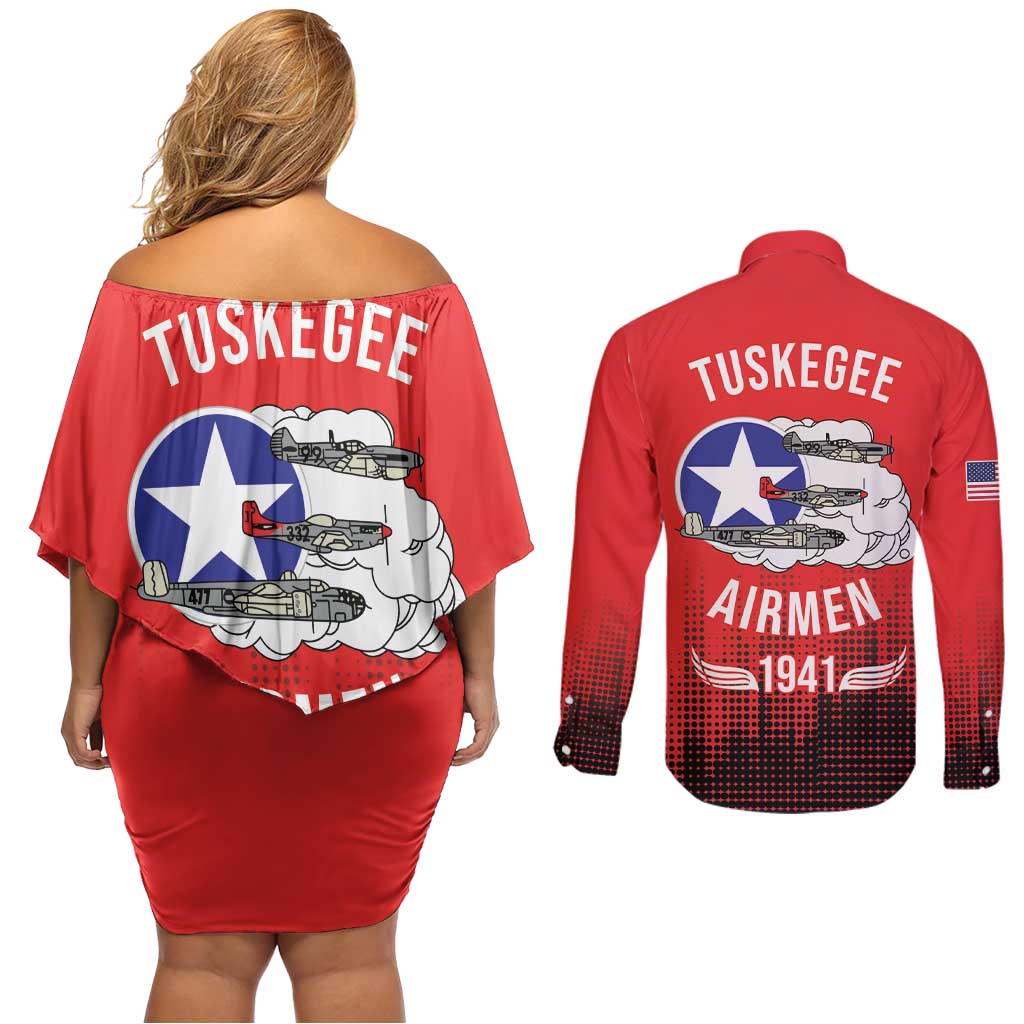 Tuskegee Airmen Red Tails Couples Matching Off Shoulder Short Dress and Long Sleeve Button Shirt 332nd Fighter Group WWII Tribute Red Style - Wonder Print Shop