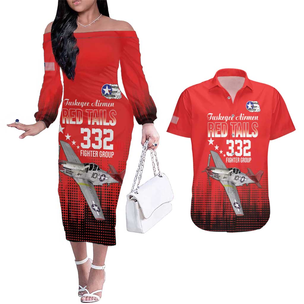 Tuskegee Airmen Red Tails Couples Matching Off The Shoulder Long Sleeve Dress and Hawaiian Shirt 332nd Fighter Group WWII Tribute Red Style - Wonder Print Shop