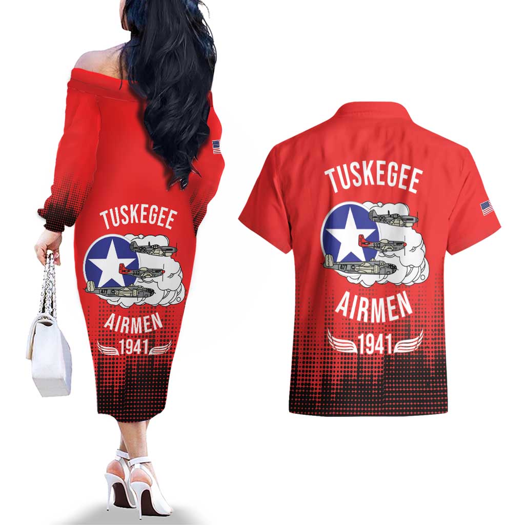 Tuskegee Airmen Red Tails Couples Matching Off The Shoulder Long Sleeve Dress and Hawaiian Shirt 332nd Fighter Group WWII Tribute Red Style - Wonder Print Shop