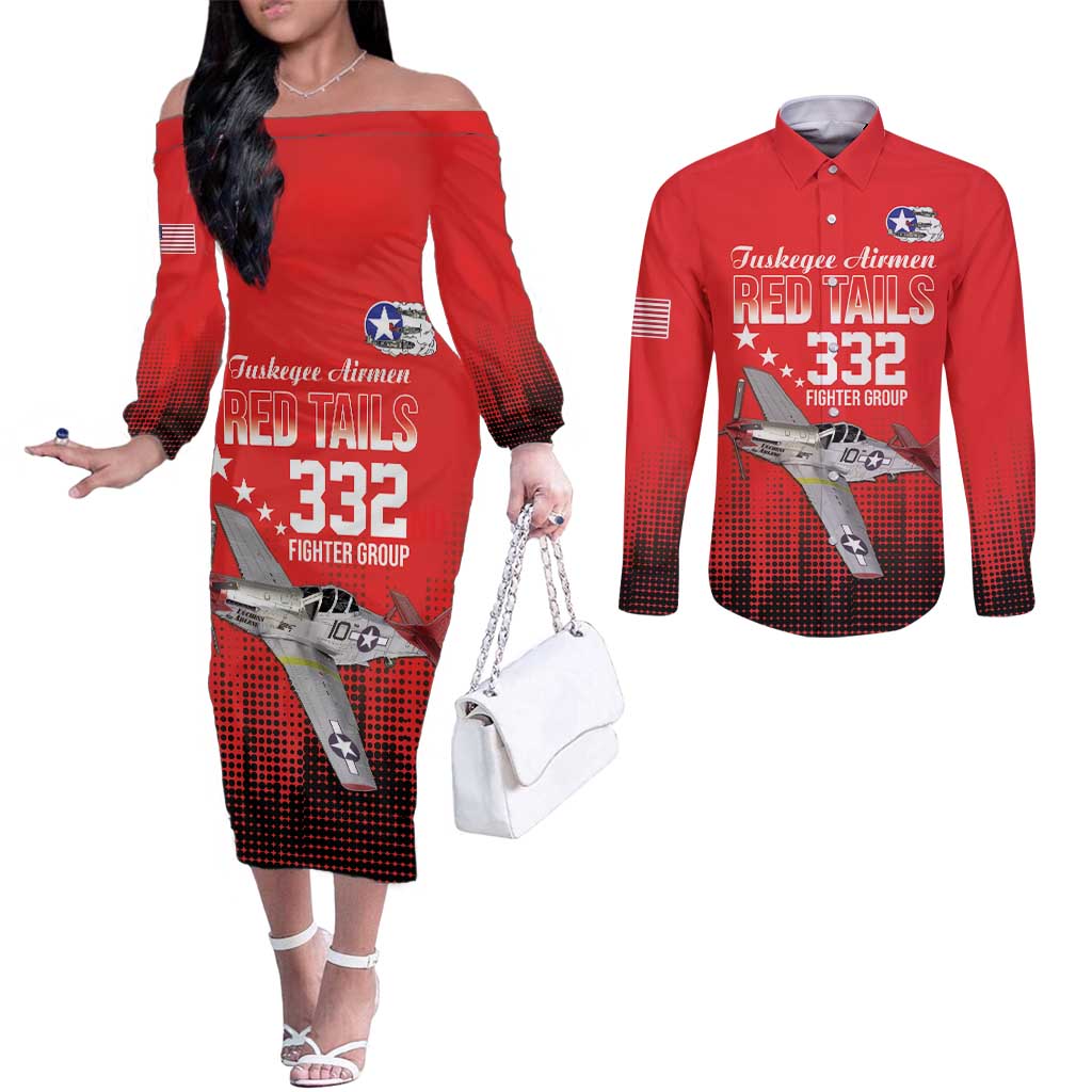 Tuskegee Airmen Red Tails Couples Matching Off The Shoulder Long Sleeve Dress and Long Sleeve Button Shirt 332nd Fighter Group WWII Tribute Red Style - Wonder Print Shop