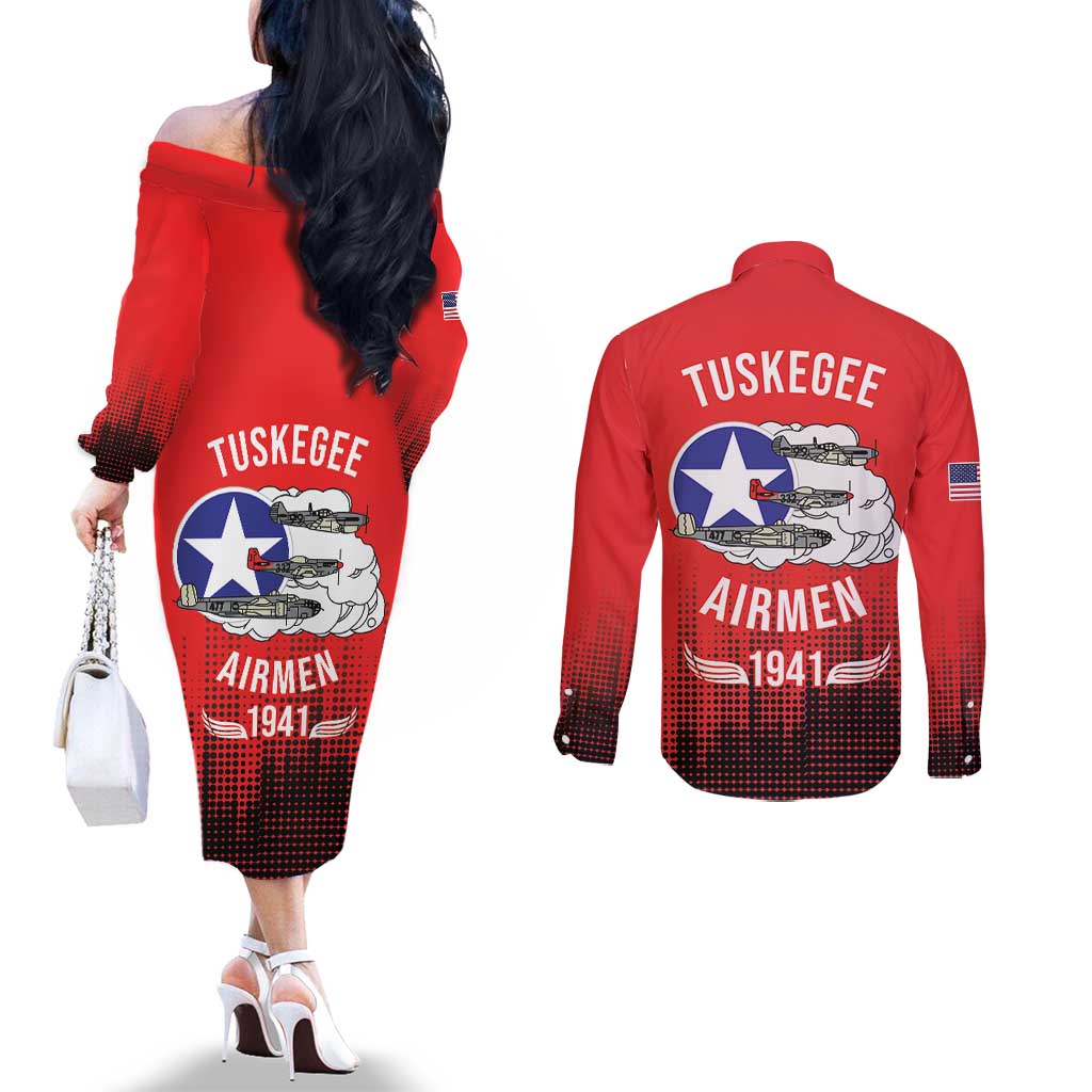 Tuskegee Airmen Red Tails Couples Matching Off The Shoulder Long Sleeve Dress and Long Sleeve Button Shirt 332nd Fighter Group WWII Tribute Red Style - Wonder Print Shop