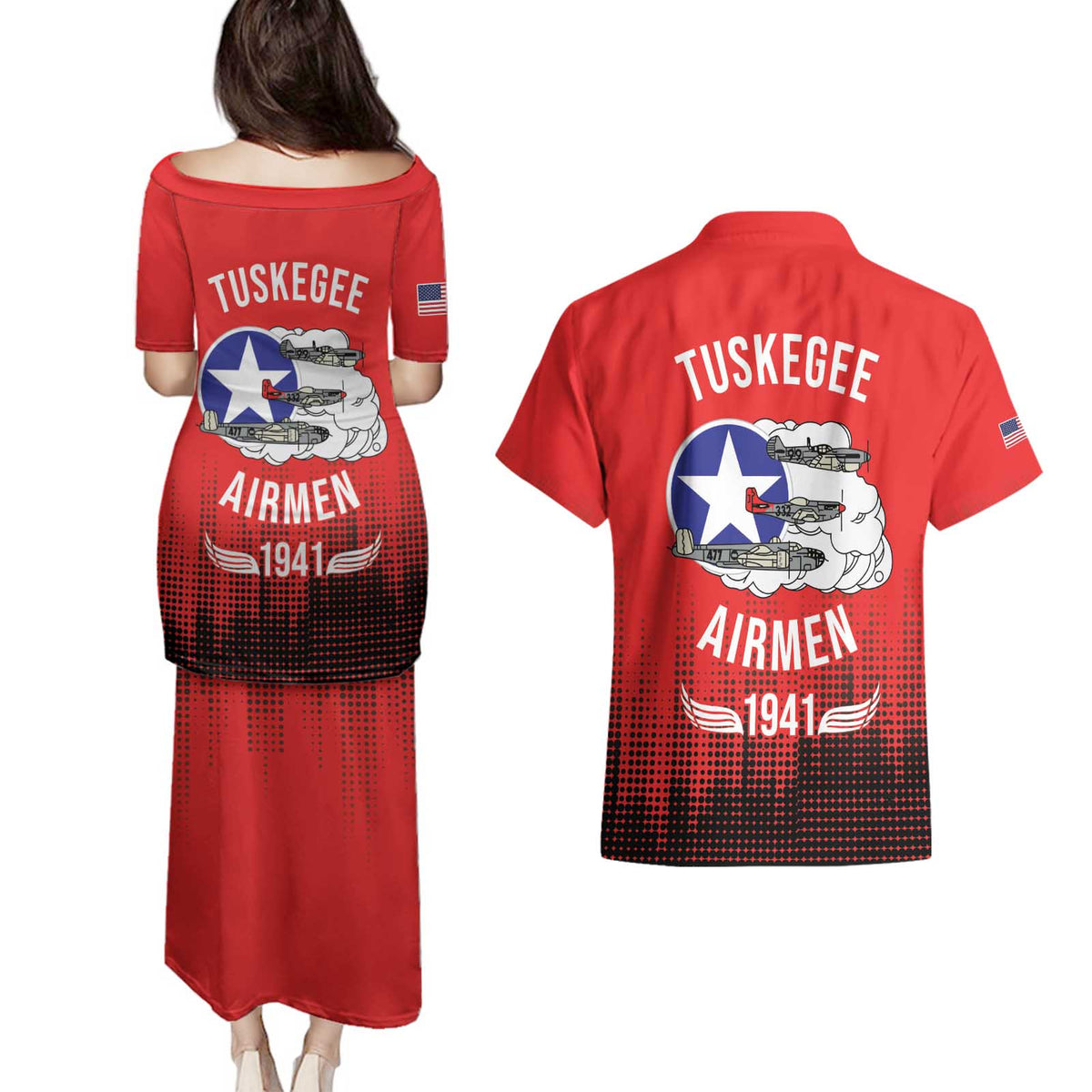 Tuskegee Airmen Red Tails Couples Matching Puletasi and Hawaiian Shirt 332nd Fighter Group WWII Tribute Red Style - Wonder Print Shop