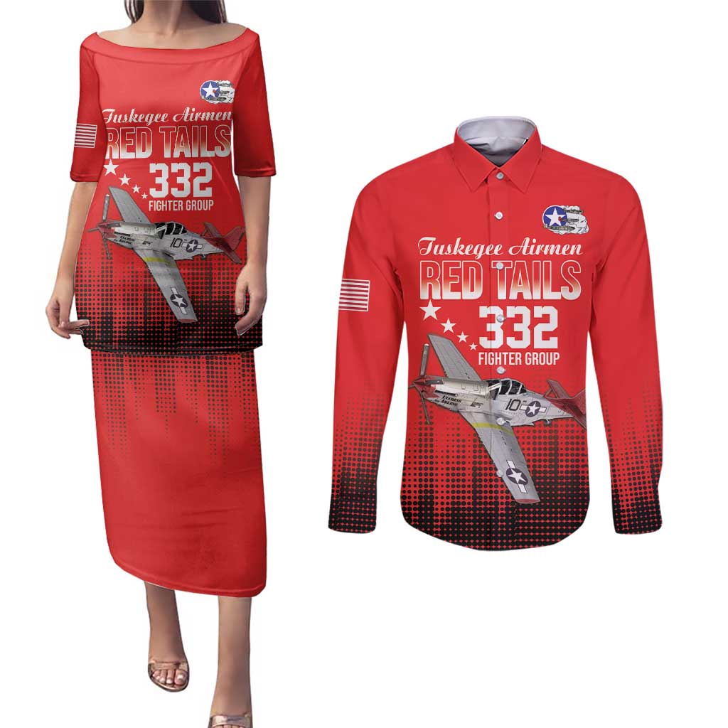 Tuskegee Airmen Red Tails Couples Matching Puletasi and Long Sleeve Button Shirt 332nd Fighter Group WWII Tribute Red Style - Wonder Print Shop