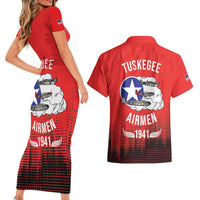 Tuskegee Airmen Red Tails Couples Matching Short Sleeve Bodycon Dress and Hawaiian Shirt 332nd Fighter Group WWII Tribute Red Style - Wonder Print Shop
