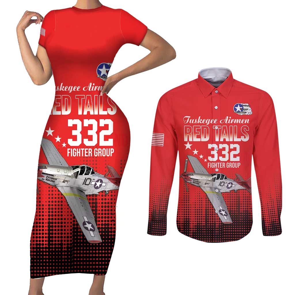 Tuskegee Airmen Red Tails Couples Matching Short Sleeve Bodycon Dress and Long Sleeve Button Shirt 332nd Fighter Group WWII Tribute Red Style - Wonder Print Shop