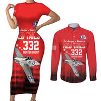 Tuskegee Airmen Red Tails Couples Matching Short Sleeve Bodycon Dress and Long Sleeve Button Shirt 332nd Fighter Group WWII Tribute Red Style - Wonder Print Shop