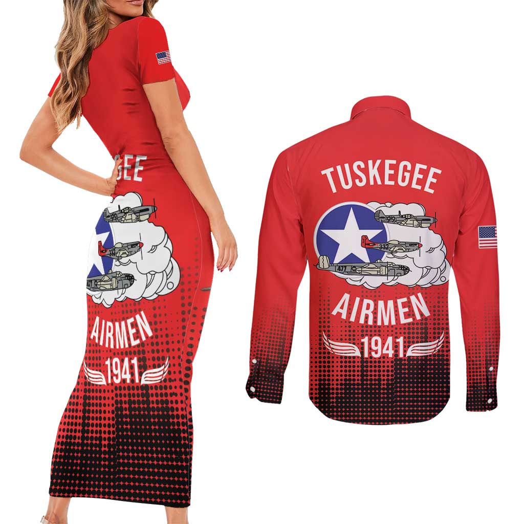 Tuskegee Airmen Red Tails Couples Matching Short Sleeve Bodycon Dress and Long Sleeve Button Shirt 332nd Fighter Group WWII Tribute Red Style - Wonder Print Shop