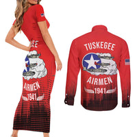 Tuskegee Airmen Red Tails Couples Matching Short Sleeve Bodycon Dress and Long Sleeve Button Shirt 332nd Fighter Group WWII Tribute Red Style - Wonder Print Shop