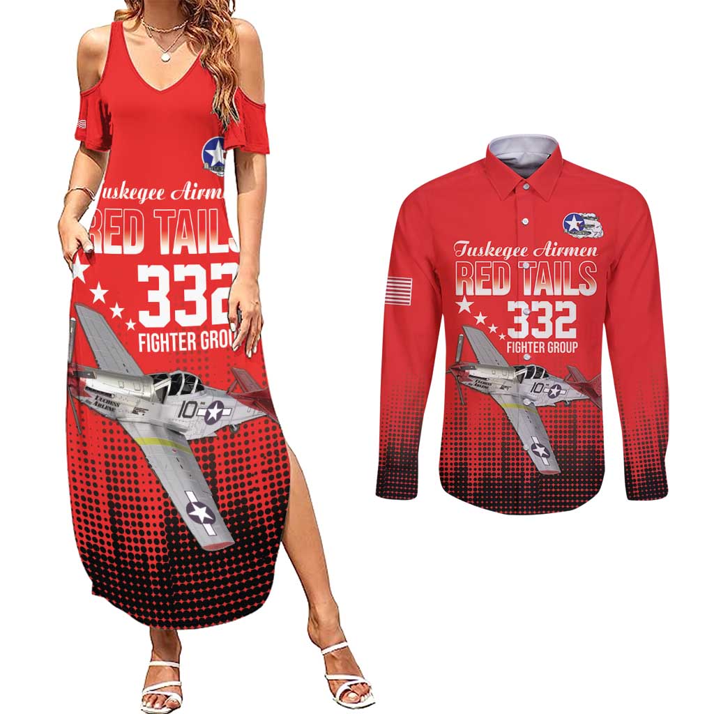Tuskegee Airmen Red Tails Couples Matching Summer Maxi Dress and Long Sleeve Button Shirt 332nd Fighter Group WWII Tribute Red Style - Wonder Print Shop