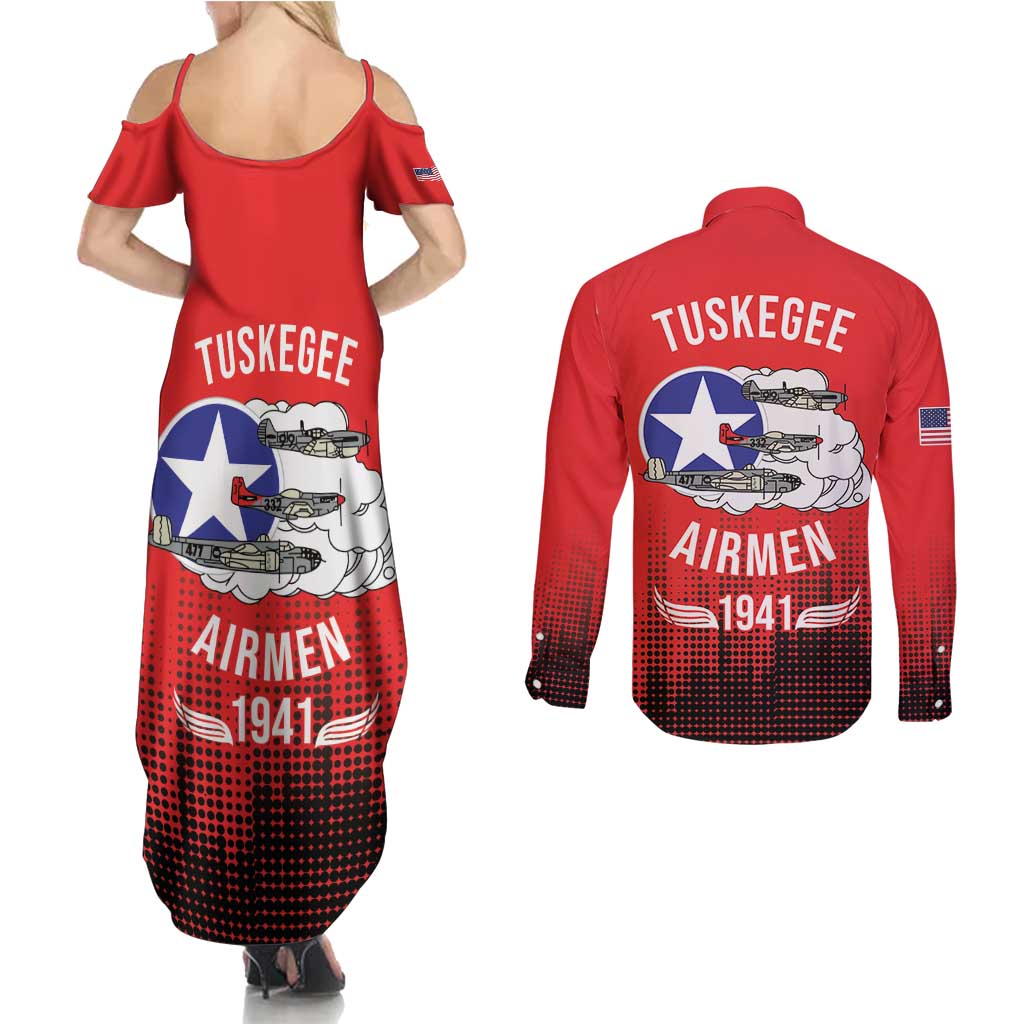 Tuskegee Airmen Red Tails Couples Matching Summer Maxi Dress and Long Sleeve Button Shirt 332nd Fighter Group WWII Tribute Red Style - Wonder Print Shop