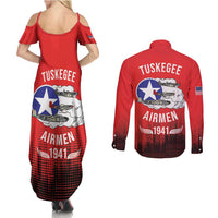 Tuskegee Airmen Red Tails Couples Matching Summer Maxi Dress and Long Sleeve Button Shirt 332nd Fighter Group WWII Tribute Red Style - Wonder Print Shop