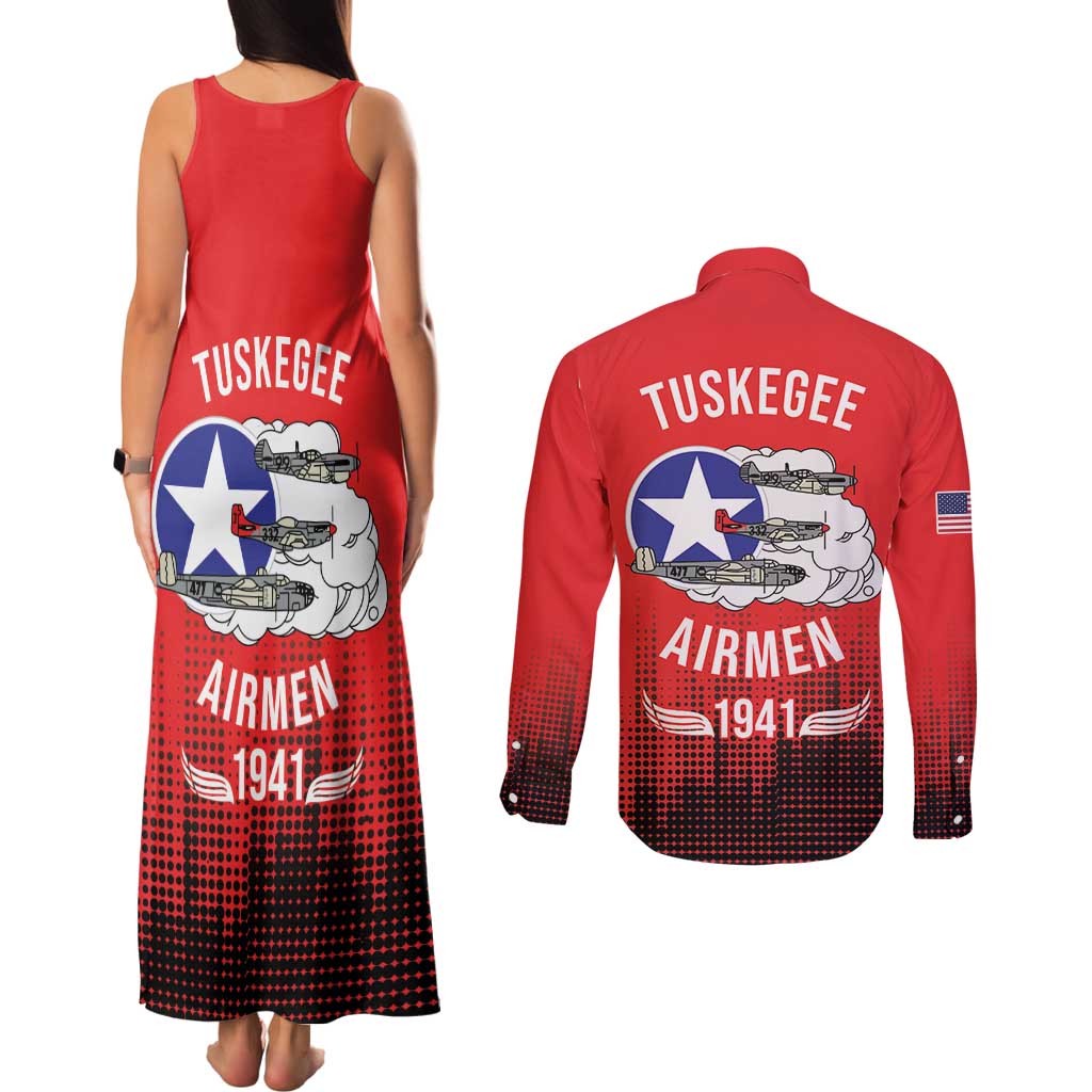 Tuskegee Airmen Red Tails Couples Matching Tank Maxi Dress and Long Sleeve Button Shirt 332nd Fighter Group WWII Tribute Red Style - Wonder Print Shop