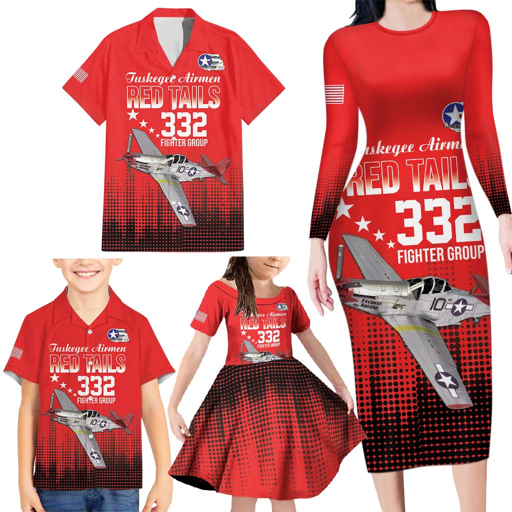 Tuskegee Airmen Red Tails Family Matching Long Sleeve Bodycon Dress and Hawaiian Shirt 332nd Fighter Group WWII Tribute Red Style - Wonder Print Shop