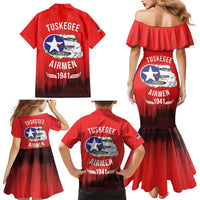 Tuskegee Airmen Red Tails Family Matching Mermaid Dress and Hawaiian Shirt 332nd Fighter Group WWII Tribute Red Style - Wonder Print Shop