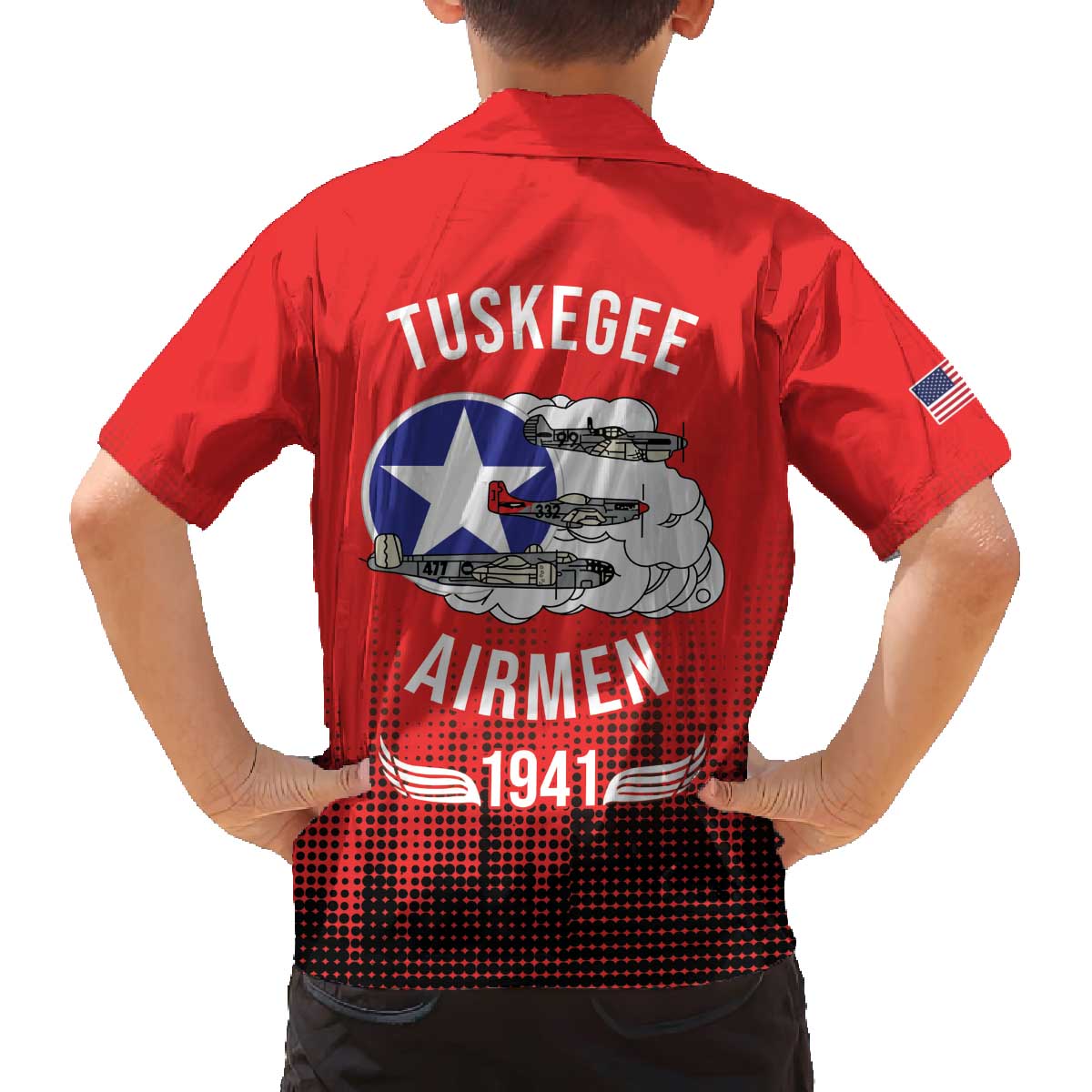 Tuskegee Airmen Red Tails Family Matching Off The Shoulder Long Sleeve Dress and Hawaiian Shirt 332nd Fighter Group WWII Tribute Red Style - Wonder Print Shop