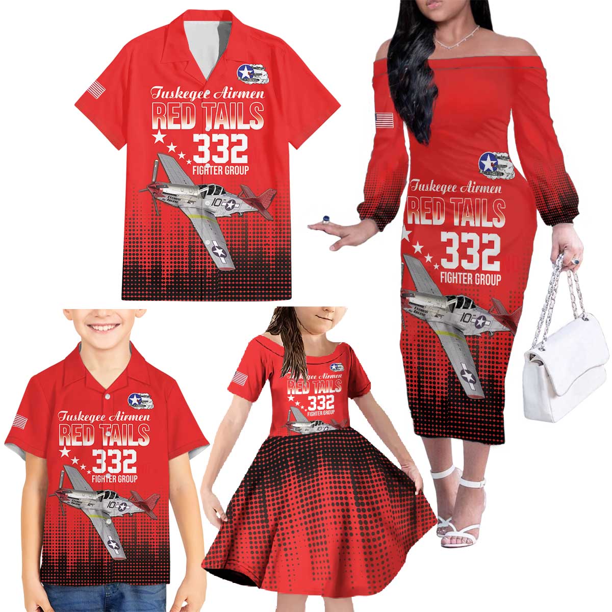 Tuskegee Airmen Red Tails Family Matching Off The Shoulder Long Sleeve Dress and Hawaiian Shirt 332nd Fighter Group WWII Tribute Red Style - Wonder Print Shop