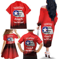 Tuskegee Airmen Red Tails Family Matching Off The Shoulder Long Sleeve Dress and Hawaiian Shirt 332nd Fighter Group WWII Tribute Red Style - Wonder Print Shop